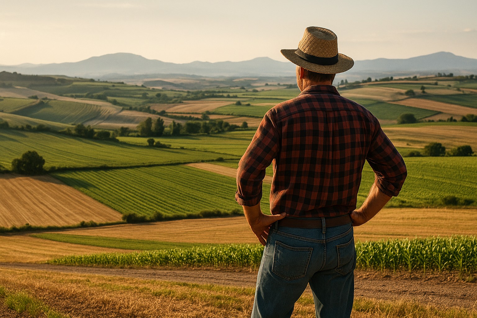 Un agricultor de pie observa un amplio campo español con colinas y cultivos bajo un cielo luminoso